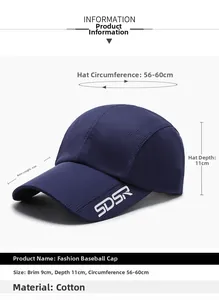 Detail view of quick-dry baseball cap with SDSR lettering and measurement specs