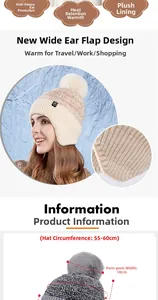 Detail view of knitted beanie with dimensions showing 55-60cm circumference and 10cm pompom