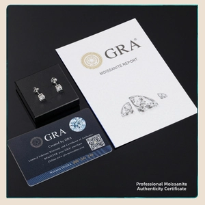 Detail view of moissanite earrings with GRA grading report and warranty card in a black box