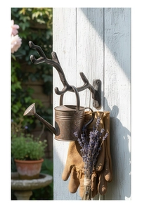 Dettaglio gancio a muro in ghisa a forma di ramo rustico su legno bianco decorativo