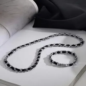 Trendy Weave Necklace Bracelet Titanium Steel Black Leather Interwoven Chain Simple Fashion Unisex Hip Hop Jewelry