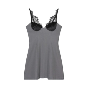 Chic grey bodycon dress with black eyelash lace deep V-neck and spaghetti straps