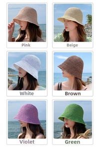 Detailed grid view showcasing hand-crocheted straw bucket hats in six summer colors