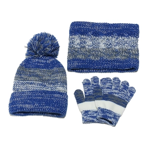 Detail of kids winter set with blue and grey striped knit hat scarf and gloves
