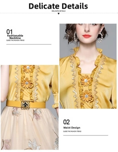 Close-up of yellow satin dress with ruffled square neck and 3D floral embroidery details