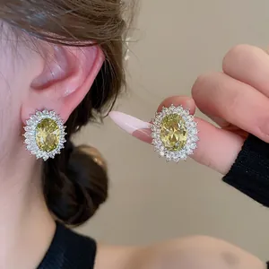 Vintage Oval Yellow Zircon Stud Earrings With 925 Sterling Silver Earring Post Copper Halo Jewelry For Women