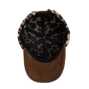 Corduroy leopard baseball cap with warm fleece lining and adjustable strap for winter