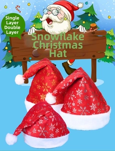 Detail of red plush Christmas hats with silver snowflake patterns in single and double layers