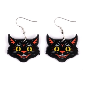 Halloween black cat earrings with vintage acrylic cat face design on white background