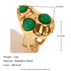 18K gold plated stainless steel chunky ring with hammered texture and green stone accents