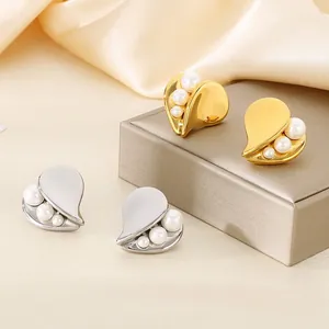Heart Stud Earrings Stainless Steel With Shell Artificial Pearls Polished French Style Elegant Jewelry For Women