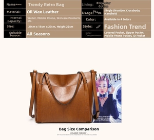 Detailed size specifications and interior features of the brown oil wax leather tote bag