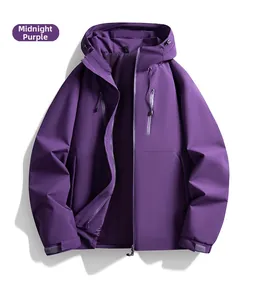 Detail of midnight purple outdoor jacket with waterproof zipper and adjustable hood