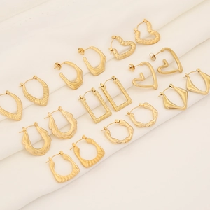 Geometric Irregular Stainless Steel Earrings Gold Plated Vintage Retro Textured Hoop Fashion Jewelry For Women