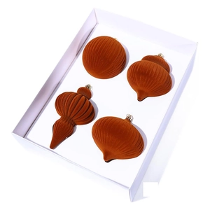 Gourd-shaped amber flocked Christmas ornaments set in a box for tree decoration