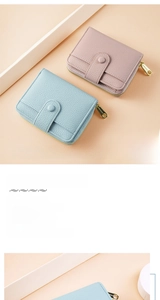 Detail of light blue and pink purple lychee leather women's wallets with side zippers