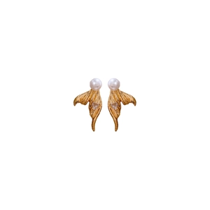 Elegant gold mermaid tail earrings with white pearl and heart-shaped zircon stones