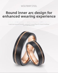 Macro view of wolfram steel ring with black brushed finish and rose gold rope inlay