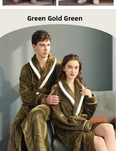 Detail of golden green flannel bathrobe featuring contrast piping and soft plush texture