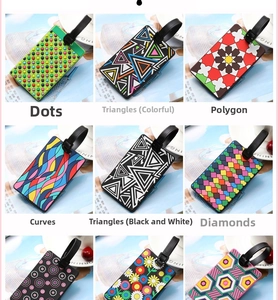 Detailed grid showing colorful PVC luggage tags with various geometric patterns and straps