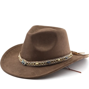Bohemian Cowboy Hat Suede Felt Wide Brim Western Fedora With Gemstone Beaded Band Retro Jazz Sun Hat For Men Women