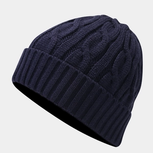 Winter cable knit beanie in navy blue, thick ribbed cuff for warmth and thermal protection