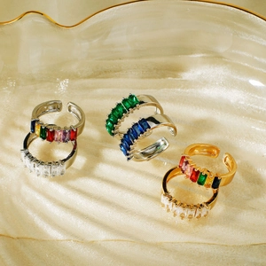 Set of 6 luxury gold and silver open rings featuring colorful rectangular zircon stones