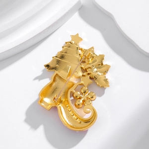 Creative Christmas boot brooch with alloy rhinestones and gold-tone metal back detail