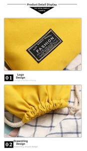 Detail of yellow canvas drawstring bag featuring fashion label and secure closure