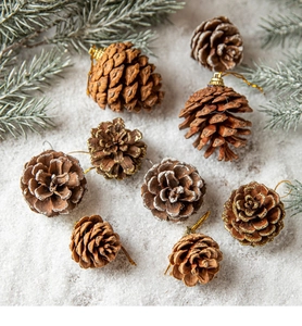 Close-up of natural Christmas pine cones with snow effect and gold hanging loops