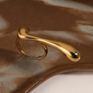 Stainless Steel Ring Irregular Liquid Metal Fluid Teardrop Open Adjustable Waterproof Gold Plated Minimalist For Women