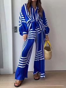 Women Geometric Stripe Print Long Sleeve Shirt And Wide Leg Pants Pleated Elegant Casual Holiday Outfits