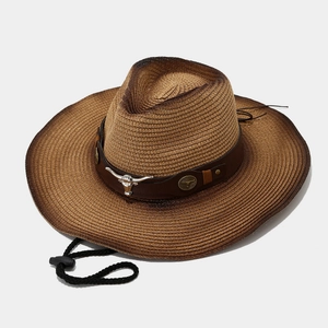 Brown woven western cowboy straw hat with silver bull head buckle and adjustable chin strap