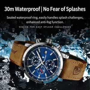 Waterproof chronograph watch for men with blue dial and brown leather strap splash effect