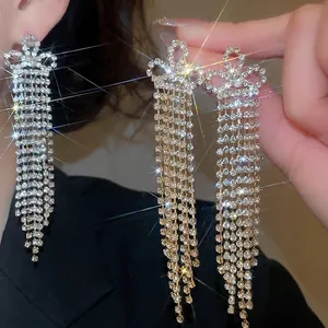 Elegant Bowknot Long Tassel Drop Earrings Rhinestone Copper With 925 Sterling Silver Earring Post Luxury Party For Women