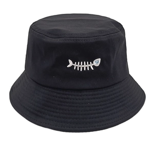 Unisex black breathable cotton bucket hat featuring white fishbone embroidery detail