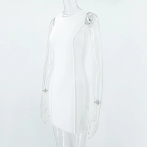 Detailed side view of a white sleeveless slim fit dress with vertical stitching details