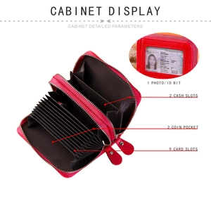 Detailed view of red RFID card holder featuring 9 slots and a double zipper design