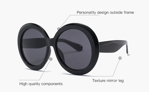 Detail of oversized round black sunglasses showing wide temples and high quality hinges