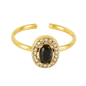 Adjustable 18K gold stainless steel ring with oval black zircon and diamond accents