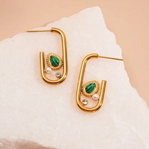 U-shaped gold earrings with malachite drop, faux pearl and crystal on white stone