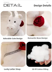 Detail of white unicorn plush with red rose decoration and grey lettered strap