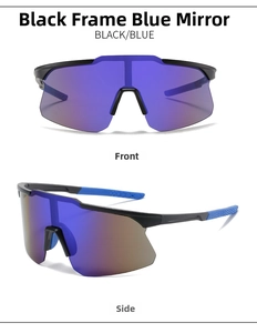 Detail view of black frame cycling glasses with blue mirrored lens and non-slip temples