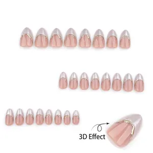24er Set Mandel-Kunstnägel mit weißem Farbverlauf, 3D-Goldlinien und Silberperlen-Finish