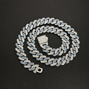 Iced out 14mm pink and blue diamond-set cuban link chain with secure box clasp