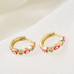 18K gold plated copper hoop earrings with red and white evil eye enamel and zircons