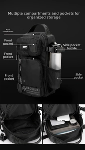 Detailed internal storage compartments of this black multi-functional nylon chest bag
