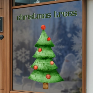 Watercolor Christmas tree window sticker with festive red ornaments for shop decor