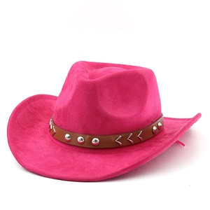 Hot pink suede cowboy hat detail with silver rivets and metallic V-shape hardware trim