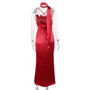 Detailed back view of red satin backless dress showing elegant lace-up ribbon design